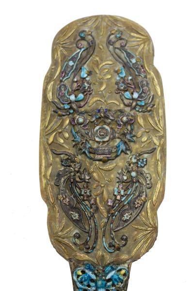 French Victorian Brass and Enamel Hand Mirror