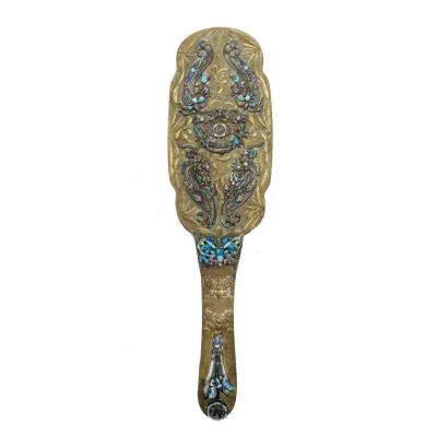 French Victorian Brass and Enamel Hand Mirror