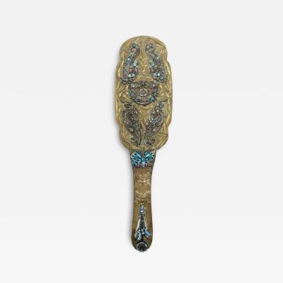 French Victorian Brass and Enamel Hand Mirror