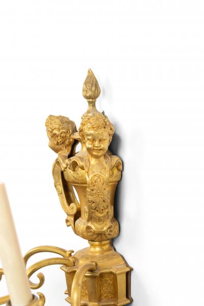 French Victorian Bronze Dore Cherub Wall Sconces