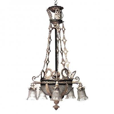 French Victorian Bronze Dore and Crystal Bowl Chandelier