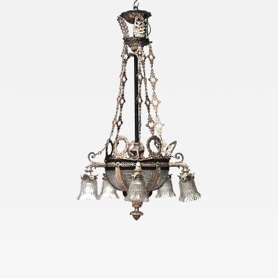 French Victorian Bronze Dore and Crystal Bowl Chandelier