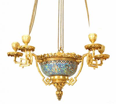 French Victorian Bronze Dore and Enamel Chandelier
