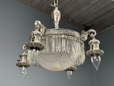 French Victorian Chandelier Etched Glass Silver Plated 19th Century