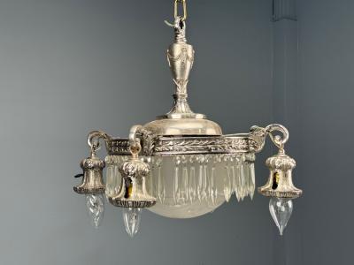 French Victorian Chandelier Etched Glass Silver Plated 19th Century