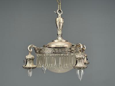 French Victorian Chandelier Etched Glass Silver Plated 19th Century