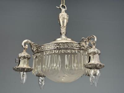 French Victorian Chandelier Etched Glass Silver Plated 19th Century