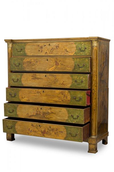 French Victorian Chinoiserie Gilt Painted and Lacquered 6 Drawer Chest Dresser