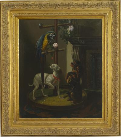 French Victorian Dogs and Parrot Oil Painting