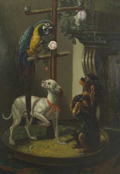 French Victorian Dogs and Parrot Oil Painting