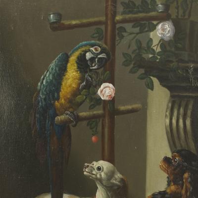 French Victorian Dogs and Parrot Oil Painting