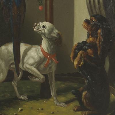 French Victorian Dogs and Parrot Oil Painting