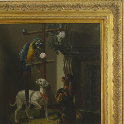 French Victorian Dogs and Parrot Oil Painting