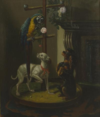 French Victorian Dogs and Parrot Oil Painting