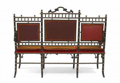 French Victorian Faux Bamboo Design Ebonized and Gilt Trimmed Settee