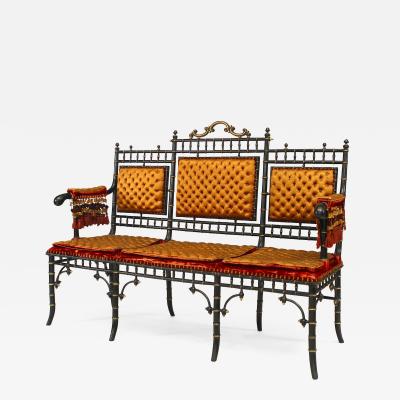 French Victorian Faux Bamboo Design Ebonized and Gilt Trimmed Settee