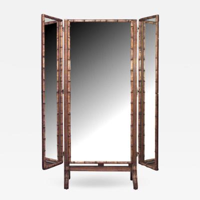 French Victorian Faux Bamboo Maple 3 Way Triptych Cheval Mirror