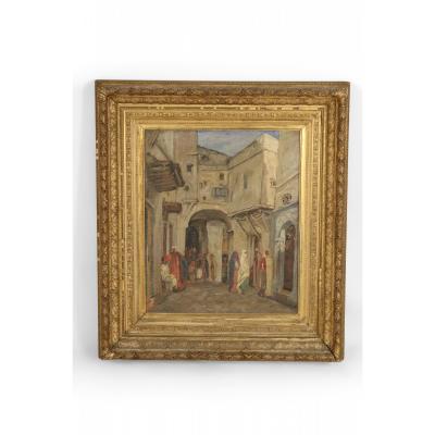French Victorian Giltwood Framed Oil Painting of a Middle Eastern Street Scene