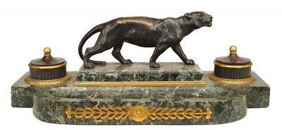 French Victorian Green Marble Inkwell with Tiger