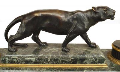 French Victorian Green Marble Inkwell with Tiger