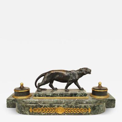 French Victorian Green Marble Inkwell with Tiger