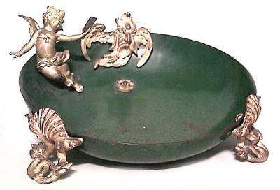 French Victorian Green Metal Bowl with Cupid Figures