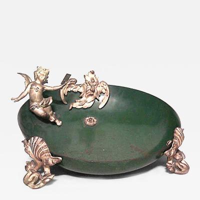 French Victorian Green Metal Bowl with Cupid Figures