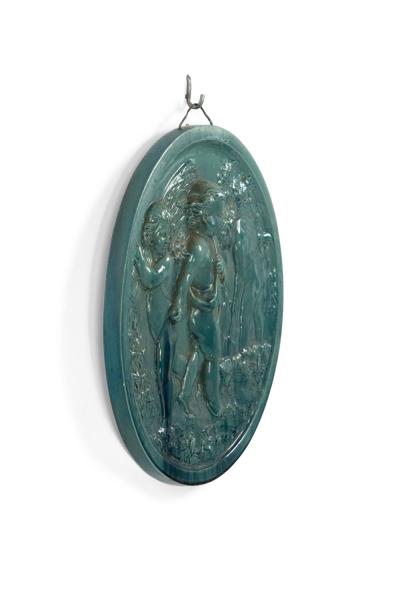 French Victorian Green Porcelain Cupid Wall Plaque