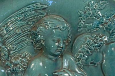 French Victorian Green Porcelain Cupid Wall Plaque