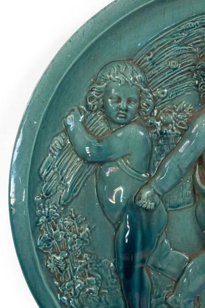 French Victorian Green Porcelain Cupid Wall Plaque