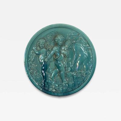 French Victorian Green Porcelain Cupid Wall Plaque