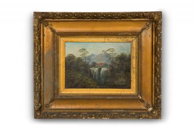 French Victorian Landscape of House by Two Waterfalls