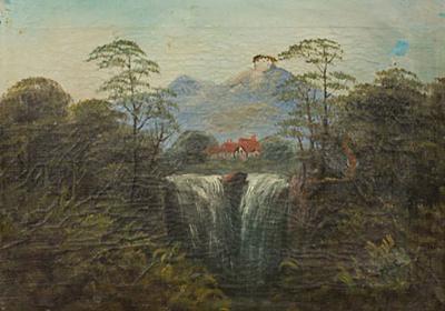 French Victorian Landscape of House by Two Waterfalls