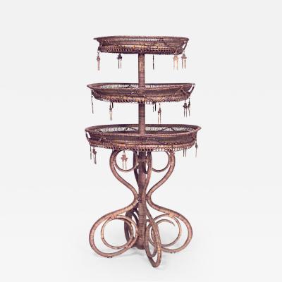 French Victorian Natural Wicker Round Three Tier Table