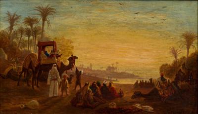 French Victorian Orientalist oil painting of an Arab caravan scene by Charles Th