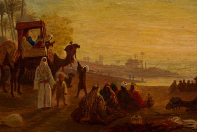 French Victorian Orientalist oil painting of an Arab caravan scene by Charles Th