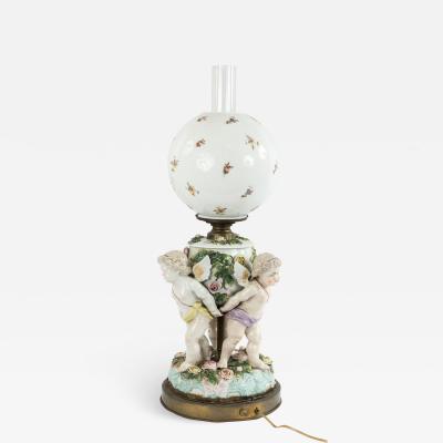 French Victorian Porcelain Cherub Oil Lamp