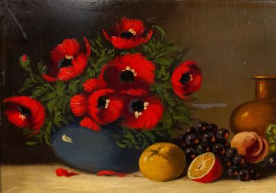 French Victorian Red Flower Still Life
