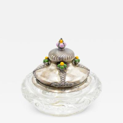 French Victorian Round Crystal and Silver Inkwell