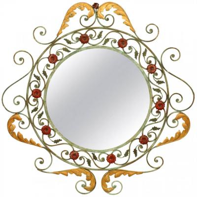 French Victorian Round Painted Wrought Iron Wall Mirror