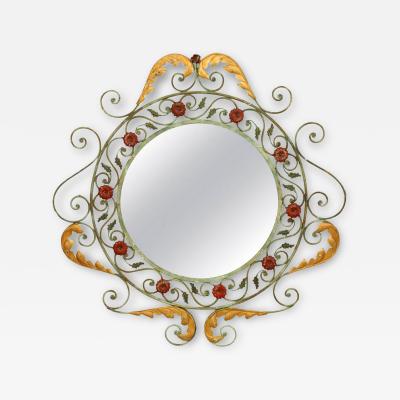 French Victorian Round Painted Wrought Iron Wall Mirror