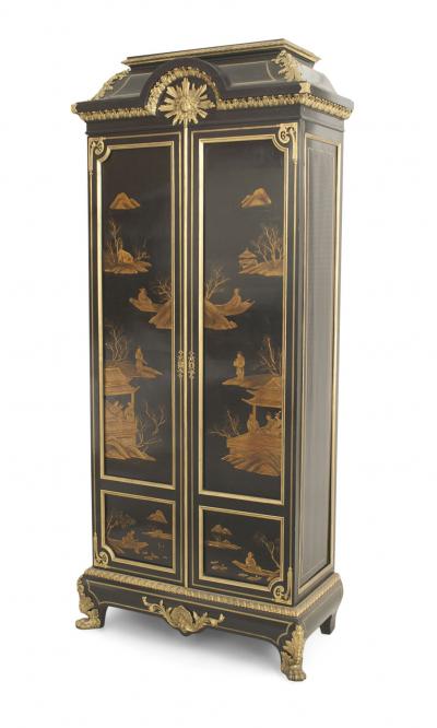 French Victorian Style Black Lacquered Chinoiserie Armoire