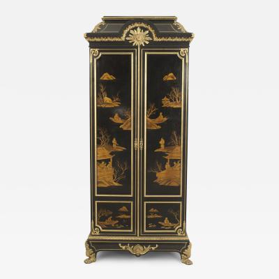 French Victorian Style Black Lacquered Chinoiserie Armoire