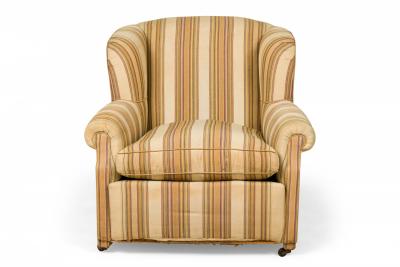 French Victorian Style Gold and Beige Striped Upholstered Armchair with Custom F