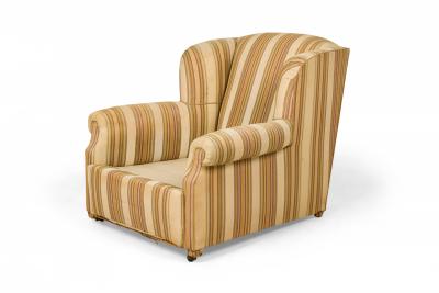 French Victorian Style Gold and Beige Striped Upholstered Armchair with Custom F