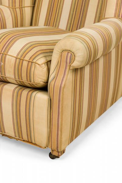 French Victorian Style Gold and Beige Striped Upholstered Armchair with Custom F