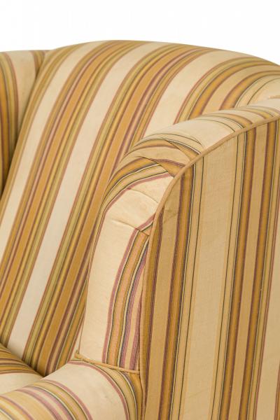 French Victorian Style Gold and Beige Striped Upholstered Armchair with Custom F
