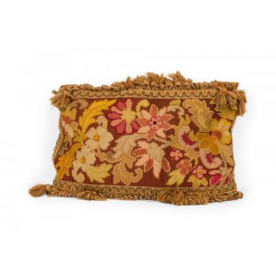 French Victorian Style Rectangular Pink and Green Floral Tapestry Throw Pillow