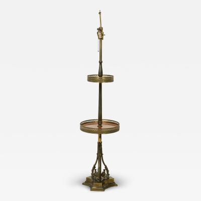 French Victorian Two Tier Brass And Wood Scrollwork Lamp Table