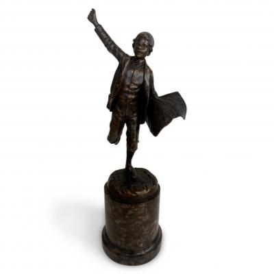 French Victorian bronze of a boy selling newspapers on a marble plinth